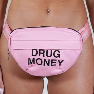 Linda Finegold ALF money pink printed strap fanny pack